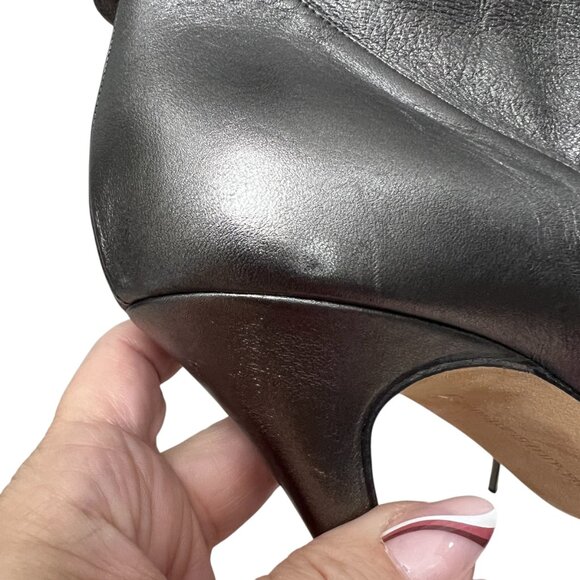 Manolo Blahnik Leather Gunmetal Peep Toe Ruched heel Booties women's sz 10.5 - Picture 9 of 11